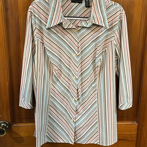 Plus Size Pleated Button Down Striped Blues and Colors Blouse Size 22W - Picture 4 of 9